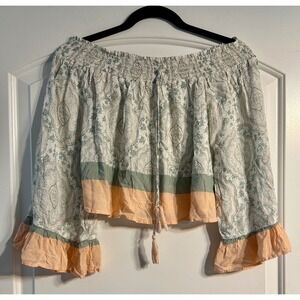Surf Gypsy Off Shoulder Top Womens Medium Green Paisley Boho Ruffle Bell